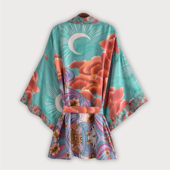 Teal Stargazer Kimono Short Robe Lightweight Cover Up Festival Beach Layer Boho - Picture 4 of 16